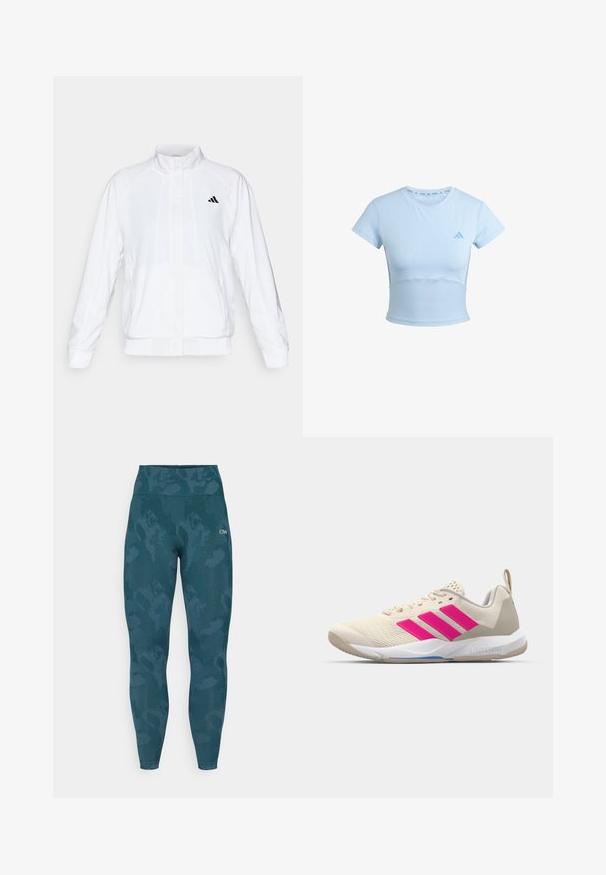 Witte sportieve jack met een opstaande kraag, lange mouwen en een rits aan de voorkant. Heeft een zwart logo op de bovenste linkerzijde. Glad textuur.; Lichtblauwe, cropped sport t-shirt met korte mouwen, ribbel onderkant en subtiel logo op de borst. Gladde textuur, slim fit ontwerp.; Hooggeribbelde leggings in een donkere teal kleur met een subtiel camouflagemotief, gemaakt van rekbare stof met een zachte textuur.; Beige sportshoe met een roze drie-strepen logo, een textuur-mesh bovenkant, een gevoerde kraag en een witte rubberen zool, met "LIGHTSTRIKE" branding.