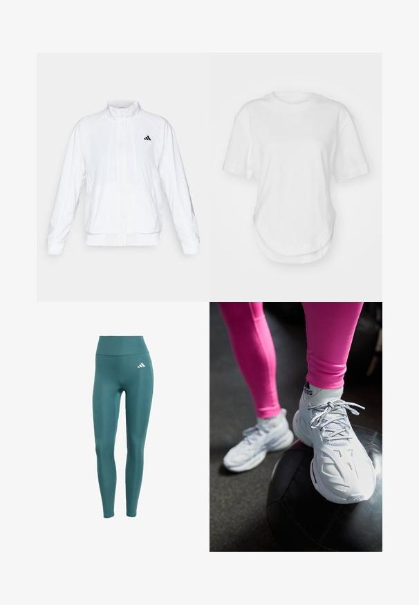 Biała sportowa kurtka z kołnierzem stójkowym, długimi rękawami i zapięciem na zamek. Posiada czarne logo po lewej stronie u góry. Gładka tekstura.; Biała bawełniana koszulka z okrągłym dekoltem, krótkimi rękawami i zaokrąglonym dołem. Gładka tekstura bez wzorów i akcentów.; Legginsy w kolorze turkusowym, z wysokim stanem, wykonane z gładkiego, elastycznego materiału, z białym logo na lewym udzie oraz dopasowanym krojem.; Białe buty sportowe z siateczkowymi i syntetycznymi wstawkami, z sznurowadłami, o zaokrąglonym kształcie, spoczywające na czarnej piłce do ćwiczeń, na ciemnym tle.