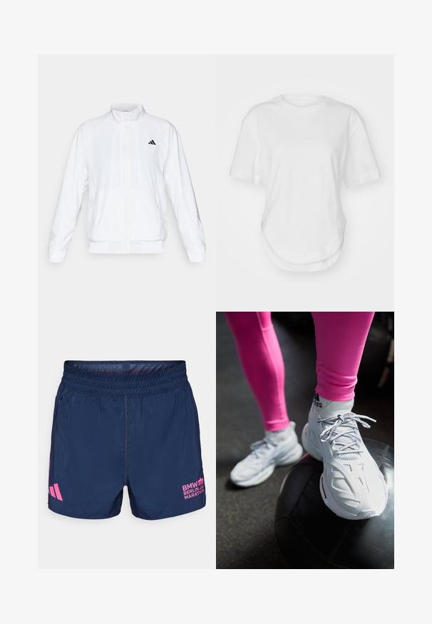 Jachetă sport albă cu guler înalt, mâneci lungi și închidere cu fermoar. Prezintă un logo negru în partea stângă sus. Textură netedă.; Tricou alb din bumbac, cu decolteu rotund, mâneci scurte și tiv curbat. Textură netedă, fără modele sau accente.; adidas Performance BER25 OTR SHORTS - Pantaloni scurți sport - collegiate navy; Pantofi sport albi cu plasă și suprapunerile sintetice, având șireturi, un design curbat, sprijiniți pe o minge de medicină neagră, pe un fundal întunecat.