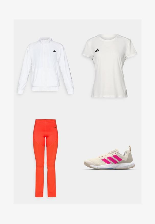 Biela športová bunda so stojatým golierom, dlhými rukávmi a zipsom vpredu. Obsahuje čierne logo na hornej ľavej strane. Hladká textúra.; Biely športový tričko vyrobené z tkaniny odvádzajúcej vlhkosť. Krátke rukávy, okrúhly výstrih, s čiernym logom a emblémom s tromi pruhmi na ľavej hrudi.; Žiarivo oranžové legíny s priliehavým strihom, rebrovanými akcentmi po stranách a logom blízko pásu. Hladká textúra po celom povrchu.; Béžová atletická obuv s ružovým logom trojpruhov, textúrovaný sieťový zvršok, polstrovaný golier a biela gumová podrážka s označením "LIGHTSTRIKE".