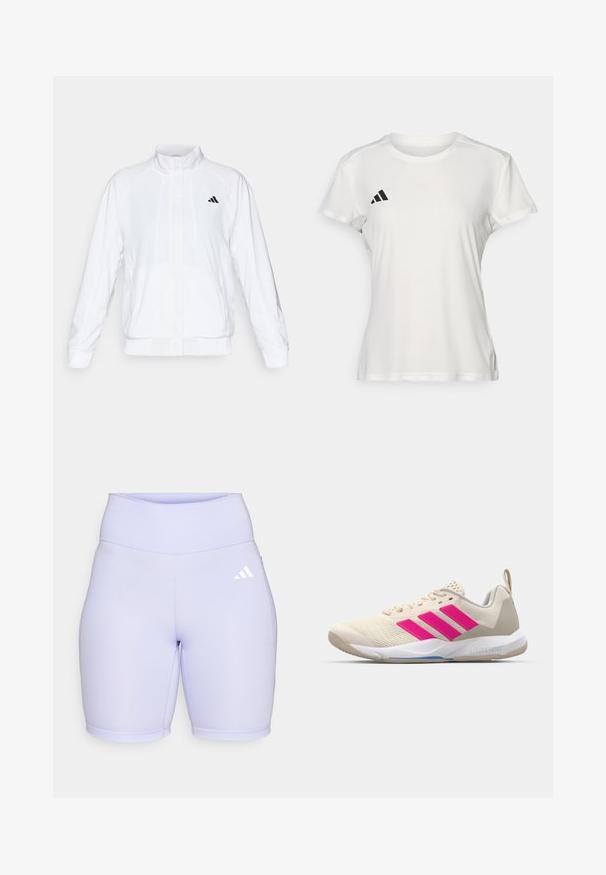 Witte sportieve jack met een opstaande kraag, lange mouwen en een rits aan de voorkant. Heeft een zwart logo op de bovenste linkerzijde. Glad textuur.; Witte sportieve T-shirt van vochtafvoerende stof. Korte mouwen, ronde hals, met zwart logo en drie-strepenembleem op de linkerkant van de borst.; Lila fietsbroekjes gemaakt van soepel, rekbaar materiaal. Hoge tailleband met platte naden en een wit Adidas-logo aan de linkerkant.; Beige sportshoe met een roze drie-strepen logo, een textuur-mesh bovenkant, een gevoerde kraag en een witte rubberen zool, met "LIGHTSTRIKE" branding.