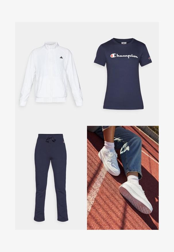 Fehér sportdzseki álló gallérral, hosszú ujjal és cipzáros elülső résszel. A bal felső oldalon fekete logó található. Simább textúrája van.; Sötétkék pamut póló rövid ujjakkal, fehér "Champion" logóval. Normál szabású, kerek nyakkivágással és puha tapintással.; Tengerészkék pamutnadrág, puha anyagból készült, állítható zsinóros derékkal, egyenes lábakkal, és egy kis logóval az oldalon.; Fehér bőr sportcipők perforált orral, lapos fűzőkkel és gumitalppal. Fehér zoknival és világoskék farmernadrággal viselve, egy piros futópályán.