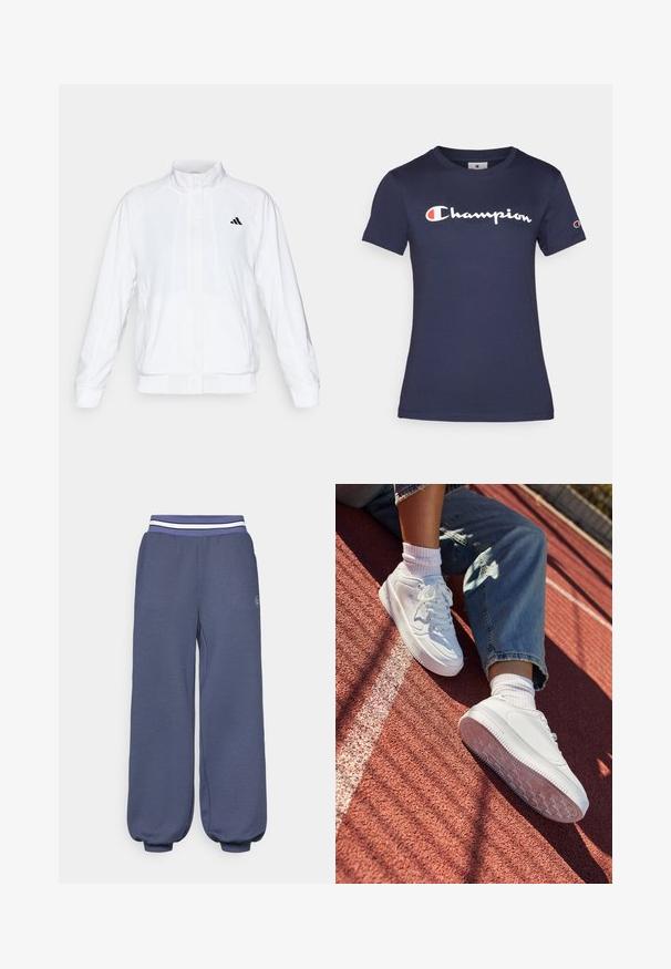 Bílá sportovní bunda se stojáčkem, dlouhými rukávy a zipem vpředu. Obsahuje černé logo na horní levé straně. Hladká textura.; Námořnická modrá bavlněná tričko s krátkým rukávem, na kterém je bílé logo "Champion". Normální střih s kulatým výstřihem a měkkou texturou.; Námořnické modré tepláky s elastickým páskem a bílými pruhy. Volný střih s tapered manžetami na kotnících a texturovaná tkanina.; Bílé kožené tenisky s perforovanou špičkou, plochými tkaničkami a gumovou podrážkou. Nosič má na sobě bílé ponožky a světle modré džíny, na červené běžecké dráze.