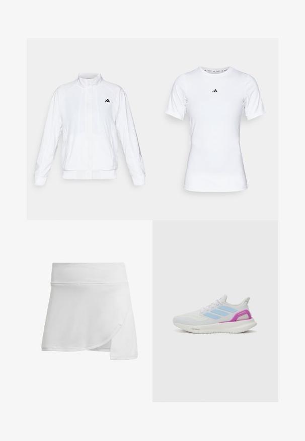 Chaqueta deportiva blanca con cuello alto, mangas largas y cierre de cremallera frontal. Presenta un logo negro en la parte superior izquierda. Textura suave.; Camiseta deportiva blanca de manga corta, hecha de una tela suave y elástica. Presenta un pequeño logo negro de Adidas en el pecho.; Skort atlético blanco hecho de un tejido texturizado y transpirable. Presenta un diseño envolvente con una cinturilla suave y una forma acampanada para mayor facilidad de movimiento.; adidas Performance PUREBOOST 5 - Zapatillas running asfalto - white/glow blue/purple burst