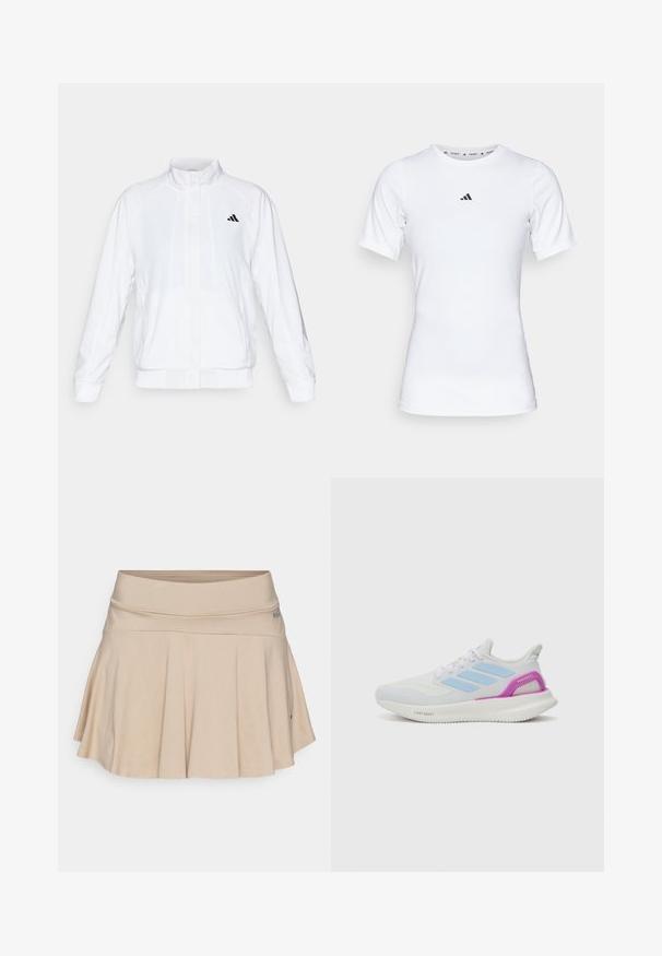 White athletic jacket with a stand-up collar, long sleeves, and a zip front. Features a black logo on the upper left side. Smooth texture.; White athletic shirt with short sleeves, made of smooth, stretch fabric. Features a small black Adidas logo on the chest.; Beige skirt with a flared design, made from textured fabric. Features a smooth waistband and subtle diagonal pattern.; adidas Performance PUREBOOST 5 - Road running shoes - white/glow blue/purple burst