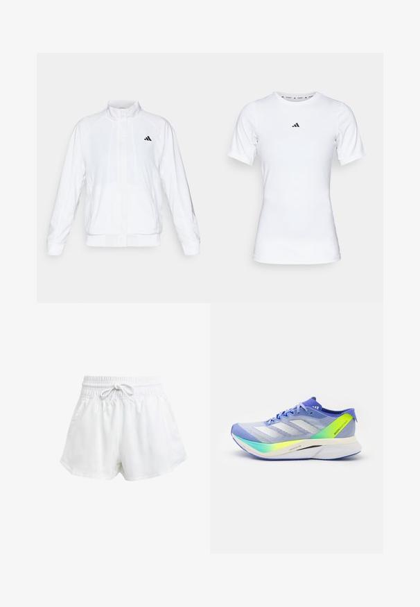 Bijela atletska jakna s uzdignutim ovratnikom, dugim rukavima i patentnim zatvaračem sprijeda. Ima crni logo na gornjem lijevom dijelu. Glatka tekstura.; Bjela atletska majica s kratkim rukavima, izrađena od glatkog, rastezljivog materijala. Na prsima se nalazi mali crni Adidas logo.; Bijele atletske šorceve s elastičnom strukom i podešavanjem pomoću vezice. Napravljeni su od laganog materijala, imaju bočne džepove i širok kroj.; adidas Performance ADIZERO BOSTON 12 - Tenisice za cestovno trčanje - light blue