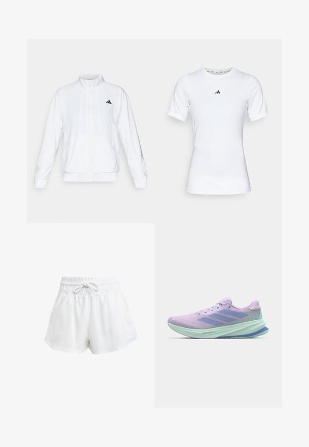 Veste de sport blanche avec un col montant, des manches longues et une fermeture éclair sur le devant. Présente un logo noir sur le côté supérieur gauche. Texture lisse.; T-shirt de sport blanc à manches courtes, fabriqué en tissu lisse et extensible. Doté d'un petit logo noir Adidas sur la poitrine.; Shorts de sport blancs avec une taille élastique et un cordon de serrage réglable. Fabriqués en matériau léger, ils sont dotés de poches latérales et d'une coupe ample.; Chaussure de course violette avec tige en mesh respirant, présentant des accents bleu clair et le logo à trois bandes. Design de semelle léger et amorti.