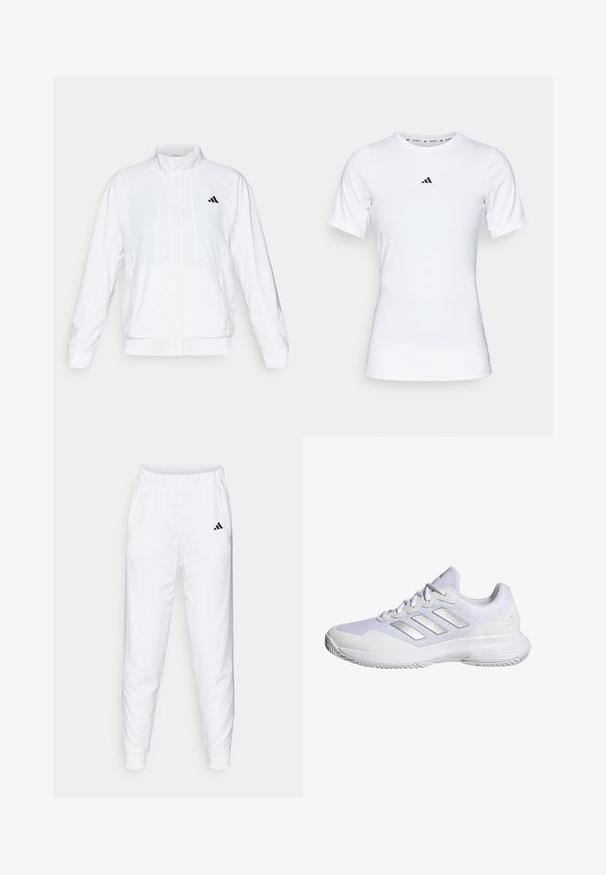 Jachetă sport albă cu guler înalt, mâneci lungi și închidere cu fermoar. Prezintă un logo negru în partea stângă sus. Textură netedă.; Cămașă sport albă cu mâneci scurte, realizată dintr-un material neted și elastic. Prezintă un mic logo Adidas negru pe piept.; Pantaloni atletici albi cu talie elastică și manșete. Au buzunare laterale și un mic logo negru pe coapsa stângă. Finisaj dintr-un material neted.; Pantofle atletice albe cu partea superioară din plasă, panouri texturate și accente argintii. Dispune de o talpă căptușită și un design cu vârf rotund.