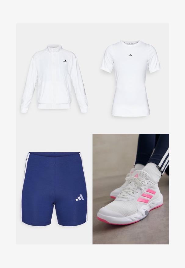 Balta sportinė striukė su aukštu apykakle, ilgomis rankovėmis ir užtrauktuku priekyje. Viršutinėje kairėje pusėje yra juodas logotipas. Lygus audinys.; Balta sportinė maikutė trumpomis rankovėmis, pagaminta iš lygaus, elastingo audinio. Ant krūtinės yra mažas juodas Adidas logotipas.; Tamsiai mėlyni sportiniai šortai pagaminti iš tamprių audinių, su baltais šonų dryžiais ir atspindinčiu Adidas logotipu kairiajame šone.; Beli sportiniai bateliai su rausvomis juostelėmis ir padanga, dėvimi su baltais Adidas kojiniais ir tamsiai mėlynomis kelnėmis su baltomis juostelėmis, ant pilko grindų.