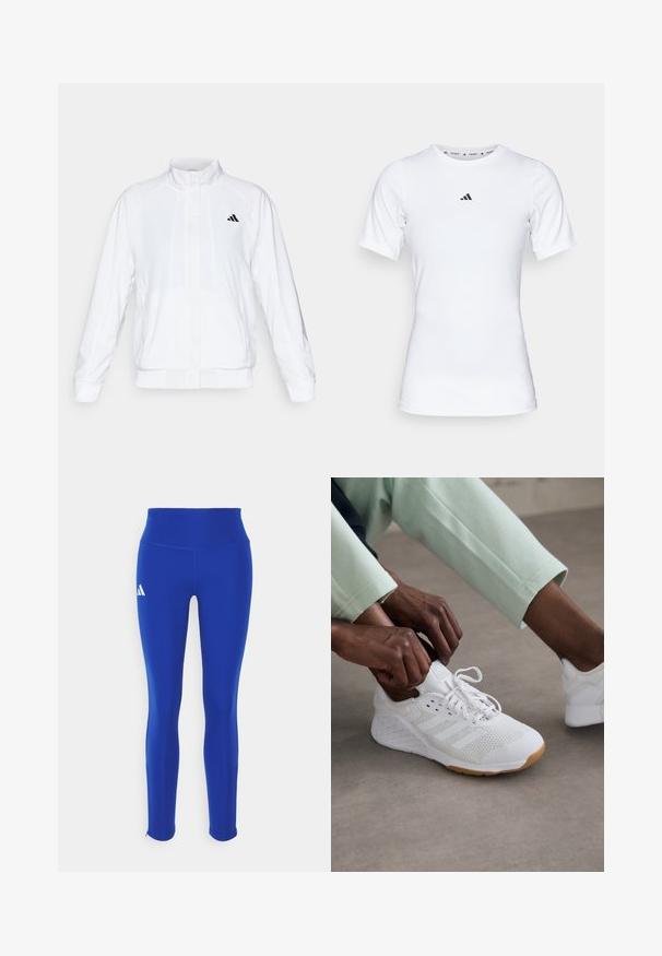 Biela športová bunda so stojatým golierom, dlhými rukávmi a zipsom vpredu. Obsahuje čierne logo na hornej ľavej strane. Hladká textúra.; Biela športová tričko s krátkymi rukávmi, vyrobené z hladkej, elastickej tkaniny. Obsahuje malé čierne logo Adidas na hrudi.; Modré športové legíny s vysokým pásom, vyrobené z elastického materiálu, s bielym logom na ľavom boku a diskrétnymi lemami.; Biele športové topánky s hornou časťou z sieťoviny, gumovou podrážkou a dizajnom so tromi prúžkami. Šnúrky sa upravujú; viditeľné svetlošedé a mätovo zelené oblečenie.
