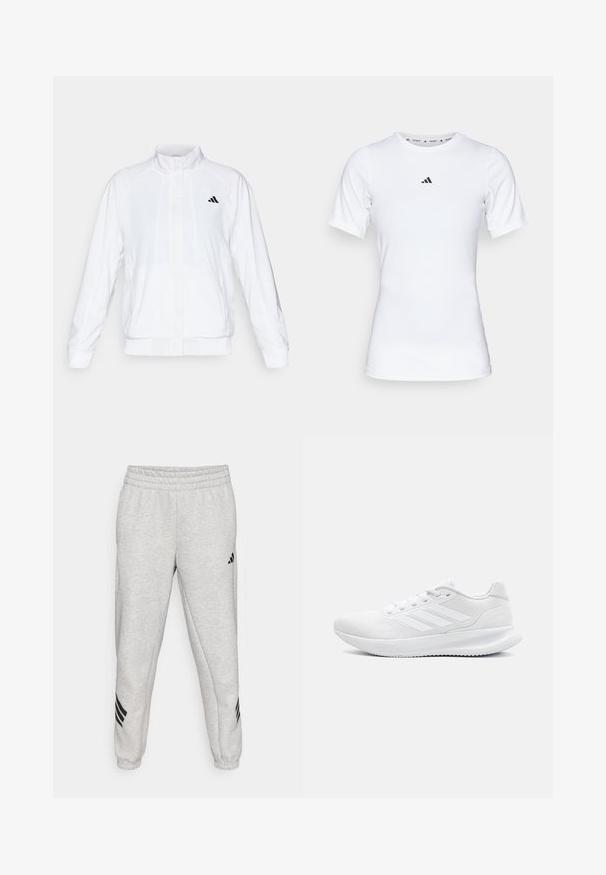 White athletic jacket with a stand-up collar, long sleeves, and a zip front. Features a black logo on the upper left side. Smooth texture.; White athletic shirt with short sleeves, made of smooth, stretch fabric. Features a small black Adidas logo on the chest.; Light grey sweatpants with a ribbed elastic waistband, tapered legs, and three black diagonal stripes near the cuffs. Smooth texture.; White athletic shoes made of mesh material, featuring a sleek design, round toe, structured heel, and three stripes on the outer side.