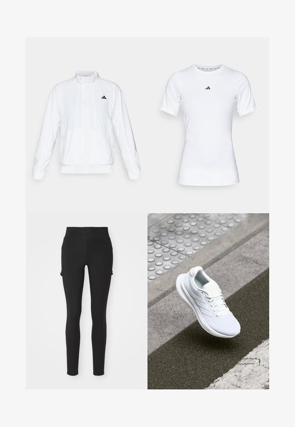 Giacca sportiva bianca con colletto alto, maniche lunghe e zip frontale. Presenta un logo nero nella parte superiore sinistra. Texture liscia.; Maglietta sportiva bianca a maniche corte, realizzata in tessuto liscio e elasticizzato. Presenta un piccolo logo Adidas nero sul petto.; Leggings neri a vita alta, realizzati in materiale elastico. Presentano una superficie liscia e tasche laterali per una maggiore funzionalità.; Scarpa sportiva bianca con tomaia in mesh, design con lacci e suola testurizzata. Dettagli di branding sottili e costruzione senza cuciture visibili.