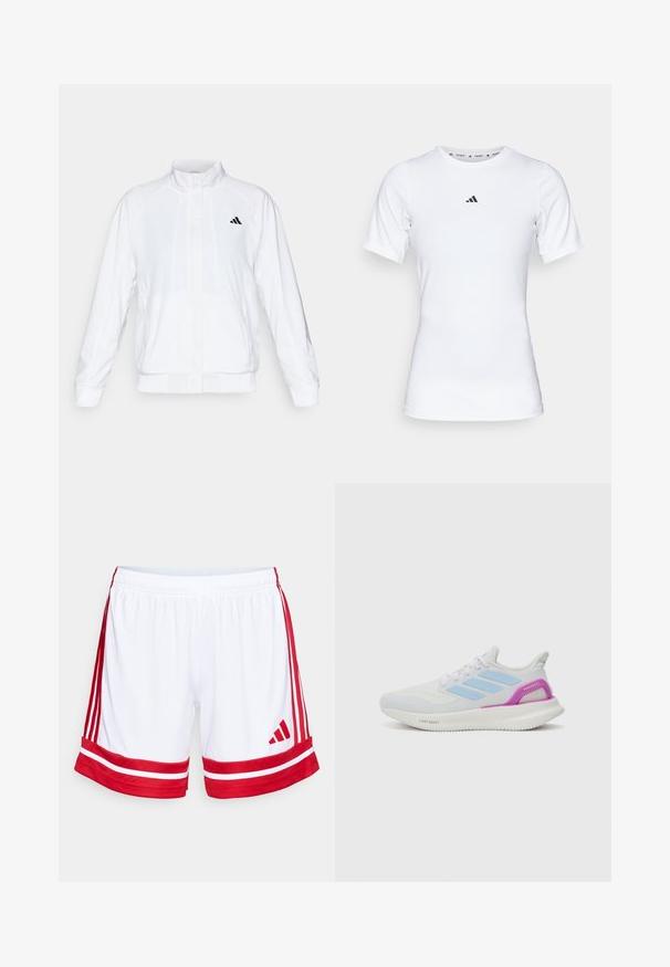 Fehér sportdzseki álló gallérral, hosszú ujjal és cipzáros elülső résszel. A bal felső oldalon fekete logó található. Simább textúrája van.; Fehér sportpóló, rövid ujjú, sima, rugalmas anyagból készült. Kicsi fekete Adidas logó található a mellkasán.; Fehér sportnadrág piros oldalsávokkal és díszítéssel. Rugalmas derékpánttal és az Adidas piros logójával a bal alsó részen.; adidas Performance PUREBOOST 5 - Utcai futócipők - white/glow blue/purple burst