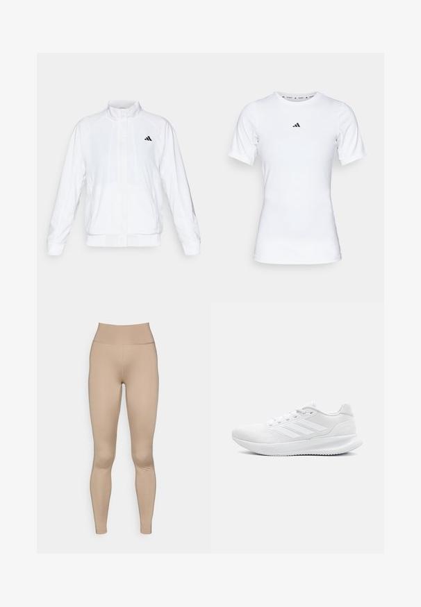Jachetă sport albă cu guler înalt, mâneci lungi și închidere cu fermoar. Prezintă un logo negru în partea stângă sus. Textură netedă.; Cămașă sport albă cu mâneci scurte, realizată dintr-un material neted și elastic. Prezintă un mic logo Adidas negru pe piept.; Leggings bej deschis cu o talie înaltă, realizate dintr-un material neted și elastic, fără cusături sau modele vizibile.; Încălțăminte sportivă albă din material mesh, cu un design elegant, vârf rotund, toc structurat și trei dungi pe partea exterioară.