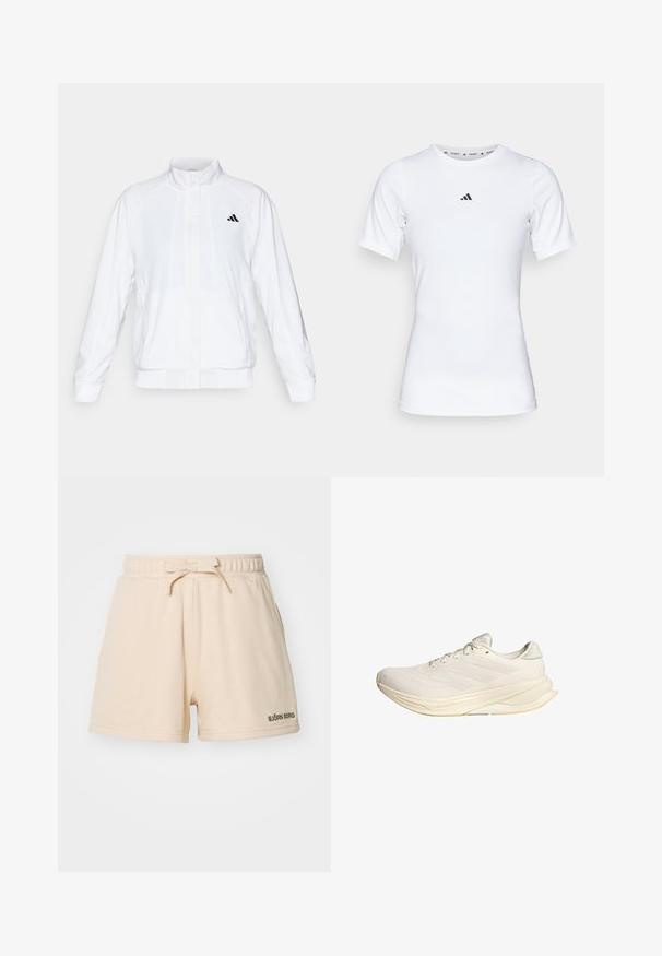 Balta sportinė striukė su aukštu apykakle, ilgomis rankovėmis ir užtrauktuku priekyje. Viršutinėje kairėje pusėje yra juodas logotipas. Lygus audinys.; Balta sportinė maikutė trumpomis rankovėmis, pagaminta iš lygaus, elastingo audinio. Ant krūtinės yra mažas juodas Adidas logotipas.; Šviesiai rudos šortai, pagaminti iš minkštos medžiagos, su elastingu juosmeniu ir virvele, bei mažuoju žaliu logotipu kairėje apačioje.; Šviesiai smėlio spalvos sportiniai batai su tinklelio viršumi, plokščiomis raištelėmis ir paminkštintu padu. Šoninė pusė puošia trijų juostų dizainas.