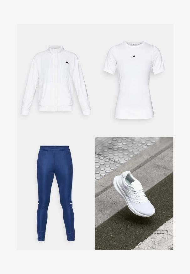 Casaco atlético branco com colarinho alto, mangas longas e fecho à frente com zip. Apresenta um logotipo preto no lado superior esquerdo. Textura suave.; Camisola atlética branca com mangas curtas, feita de tecido liso e elástico. Apresenta um pequeno logotipo preto da Adidas no peito.; Calças de atletismo azul-marinho com um corte afunilado, feitas de um tecido suave, apresentando riscas laterais brancas e um cós elástico.; Shoe atlético branco com parte superior em rede, design de atacadores e sola texturizada. Branding subtil e detalhes de construção sem emendas visíveis.