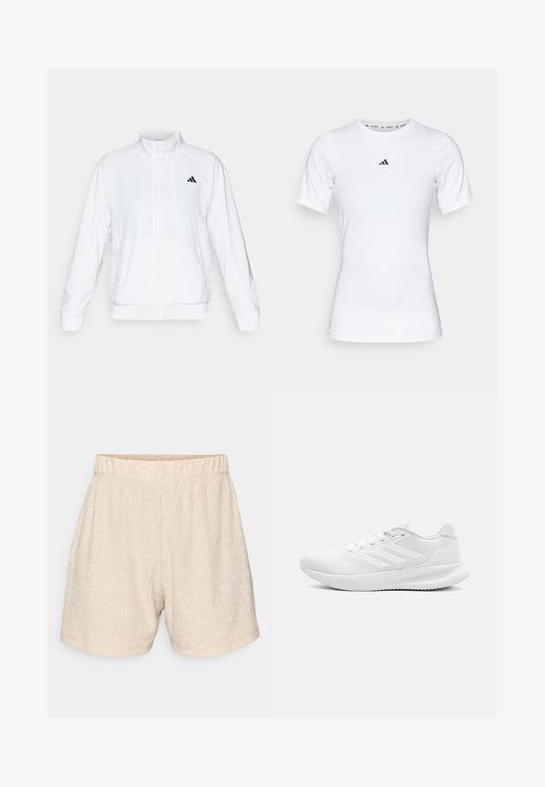 Bílá sportovní bunda se stojáčkem, dlouhými rukávy a zipem vpředu. Obsahuje černé logo na horní levé straně. Hladká textura.; Bílé sportovní tričko s krátkým rukávem, vyrobené z hladké, elastické látky. Na hrudi se nachází malé černé logo Adidas.; Béžové, texturované kraťasy s elastickým páskem. Obsahují jemné vertikální pruhy a mají uvolněný, rovný střih. Bez kapes.; Bílé sportovní boty vyrobené z mřížkového materiálu, s elegantním designem, kulatou špičkou, pevným podpatkem a třemi proužky na vnější straně.