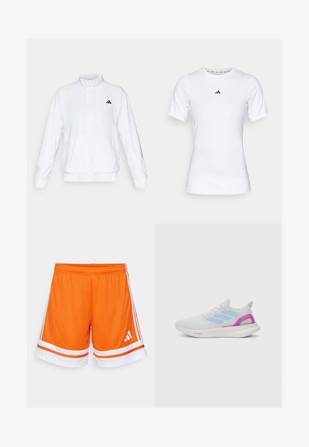 Fehér sportdzseki álló gallérral, hosszú ujjal és cipzáros elülső résszel. A bal felső oldalon fekete logó található. Simább textúrája van.; Fehér sportpóló, rövid ujjú, sima, rugalmas anyagból készült. Kicsi fekete Adidas logó található a mellkasán.; Narancssárga sportnadrág texturált anyagból, fehér kiegészítőkkel és három fehér csíkkal az oldalán. Gumis derékrész a kényelem érdekében.; adidas Performance PUREBOOST 5 - Utcai futócipők - white/glow blue/purple burst