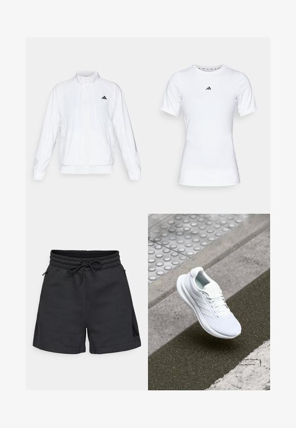Fehér sportdzseki álló gallérral, hosszú ujjal és cipzáros elülső résszel. A bal felső oldalon fekete logó található. Simább textúrája van.; Fehér sportpóló, rövid ujjú, sima, rugalmas anyagból készült. Kicsi fekete Adidas logó található a mellkasán.; Fekete sportnadrág puha anyagból, ami rugalmas derékkal és húzózsinórral rendelkezik, oldalsó zsebekkel és diszkrét hasítással.; Fehér sportcipő hálós felsőrésszel, fűzős kialakítással és texturált talppal. Diszkrét logózás és zökkenőmentes kivitelezési részletek láthatók.
