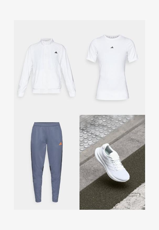 Vit idrottsjacka med ståkrage, långa ärmar och dragkedja fram. Innehåller en svart logotyp på övre vänstra sidan. Slät textur.; Vit idrottströja med korta ärmar, tillverkad i ett slätt, stretchigt material. Har en liten svart Adidas-logotyp på bröstet.; Grå träningsbyxor med elastisk midja, svarta sidostripes och en orange logotyp på vänster lår. Slät tygtextur.; Vitaid idrottssko med mesh-överdel, snörning och texturerad sula. Diskret branding och sömlösa konstruktionsdetaljer synliga.