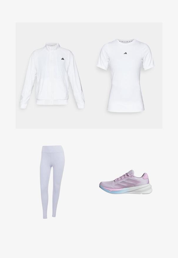 Weiße Sportjacke mit Stehkragen, langen Ärmeln und Reißverschluss vorne. Mit einem schwarzen Logo auf der oberen linken Seite. Glatte Textur.; Weißes Sportshirt mit kurzen Ärmeln, aus glattem, dehnbarem Stoff. Mit kleinem schwarzem Adidas-Logo auf der Brust.; Hellviolette Leggings aus dehnbarem Stoff. Hoch geschnittenes Design mit glatter Textur und ohne sichtbare Nähte oder Muster.; Hellpurpurne Laufschuhe mit einem atmungsaktiven Mesh-Obermaterial, weißer Zwischensohle und hellblauem Außensohlen. Verfügt über drei Streifen an der Seite.