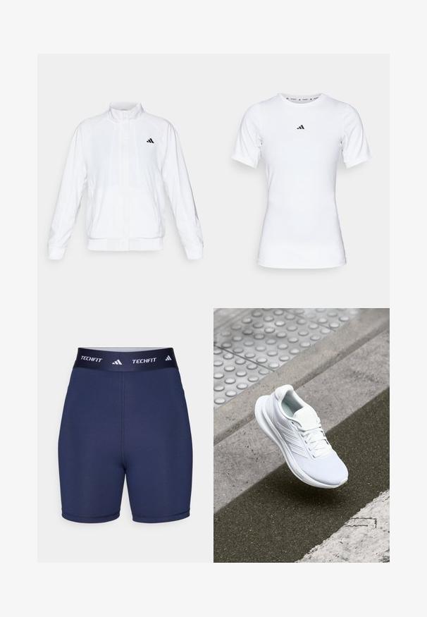 White athletic jacket with a stand-up collar, long sleeves, and a zip front. Features a black logo on the upper left side. Smooth texture.; White athletic shirt with short sleeves, made of smooth, stretch fabric. Features a small black Adidas logo on the chest.; Navy blue athletic shorts with a smooth texture, elastic waistband featuring "TECHFIT" and three stripes logo, fitted design, minimal seams.; White athletic shoe featuring a mesh upper, lace-up design, and textured sole. Subtle branding and seamless construction details visible.