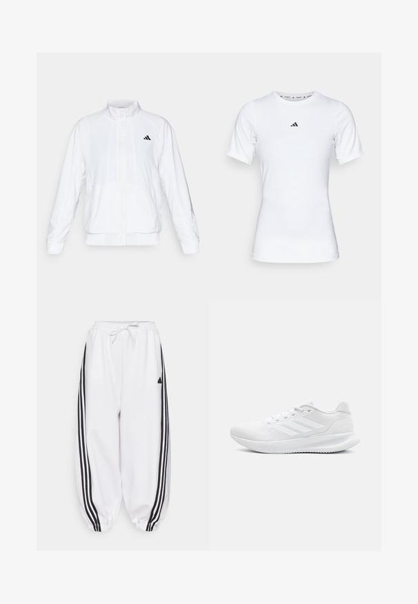 Jachetă sport albă cu guler înalt, mâneci lungi și închidere cu fermoar. Prezintă un logo negru în partea stângă sus. Textură netedă.; Cămașă sport albă cu mâneci scurte, realizată dintr-un material neted și elastic. Prezintă un mic logo Adidas negru pe piept.; adidas Sportswear FUTURE ICONS THREE STRIPES PARACHUTE PANT - Pantaloni de trening - white; Încălțăminte sportivă albă din material mesh, cu un design elegant, vârf rotund, toc structurat și trei dungi pe partea exterioară.