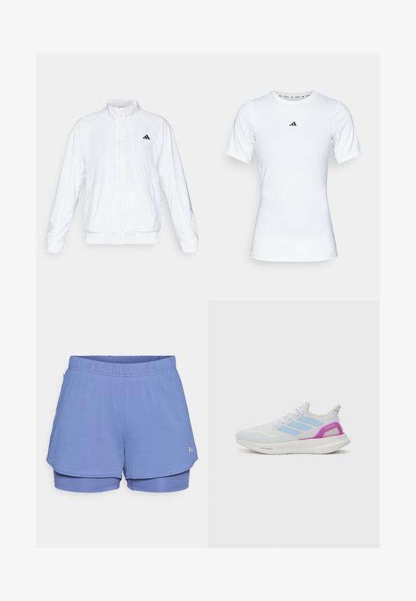 Biela športová bunda so stojatým golierom, dlhými rukávmi a zipsom vpredu. Obsahuje čierne logo na hornej ľavej strane. Hladká textúra.; Biela športová tričko s krátkymi rukávmi, vyrobené z hladkej, elastickej tkaniny. Obsahuje malé čierne logo Adidas na hrudi.; Svetlomodré športové šortky vyrobené z textúrovanej tkaniny, s elastickým pásom, vnútornou podšívkou a nenápadným logom na boku.; adidas Performance PUREBOOST 5 - Cestná bežecká obuv - white/glow blue/purple burst