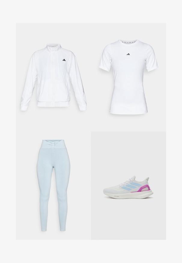 Balta sportinė striukė su aukštu apykakle, ilgomis rankovėmis ir užtrauktuku priekyje. Viršutinėje kairėje pusėje yra juodas logotipas. Lygus audinys.; Balta sportinė maikutė trumpomis rankovėmis, pagaminta iš lygaus, elastingo audinio. Ant krūtinės yra mažas juodas Adidas logotipas.; Šviesiai mėlynos aukštos juosmens leggingai, pagaminti iš minkštos ir tamprios medžiagos, su raukšlėta detalė juosmens srityje ir prigludusia, siaurėjančia kojų forma.; adidas Performance PUREBOOST 5 - Bėgimo batai plentui - white/glow blue/purple burst