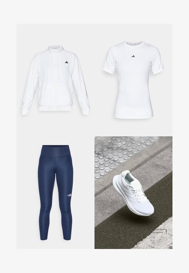 Balts sporta žakets ar stāvām apkaklēm, garām piedurknēm un rāvējslēdzēja priekšpusi. Tam ir melns logo augšējā kreisajā pusē. Gluda tekstūra.; Balts sporta krekls ar īsām piedurknēm, izgatavots no gludas, elastīgas auduma. Uz krūšu ir neliels melns Adidas logo.; Tumši zili legingi, kas izgatavoti no elastīgas auduma, ar augstu jostasvietu un balto logo detaļu uz kreisā teļa. Gluda tekstūra, pieguļošs dizains.; Balta sporta apava, kas izgatavota no acu materiāla, ar sasaistes dizainu un teksturētu zoli. Redzamas smalkas zīmola detaļas un bezšuvju konstrukcija.