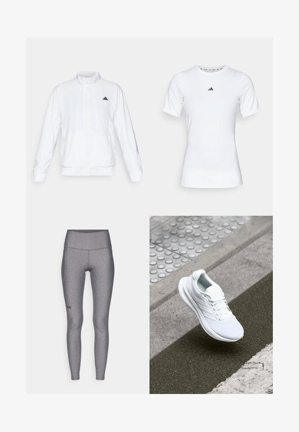 Fehér sportdzseki álló gallérral, hosszú ujjal és cipzáros elülső résszel. A bal felső oldalon fekete logó található. Simább textúrája van.; Fehér sportpóló, rövid ujjú, sima, rugalmas anyagból készült. Kicsi fekete Adidas logó található a mellkasán.; Szürke sport leggings, magas derékkal, sima textúrával és diszkrét fényességgel, kis fekete logóval az alsó lábszáron.; Fehér sportcipő hálós felsőrésszel, fűzős kialakítással és texturált talppal. Diszkrét logózás és zökkenőmentes kivitelezési részletek láthatók.