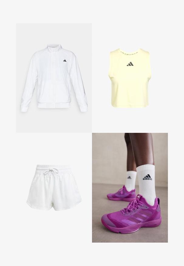 Giacca sportiva bianca con colletto alto, maniche lunghe e zip frontale. Presenta un logo nero nella parte superiore sinistra. Texture liscia.; Top corto senza maniche realizzato in morbido tessuto giallo con scollo rotondo e logo Adidas grigio scuro sul petto. Texture liscia.; Pantaloni sportivi bianchi con cintura elastica e cordino regolabile. Realizzati in materiale leggero, presentano tasche laterali e una vestibilità ampia.; adidas Performance RAPIDMOVE ADVENTURE TRAINER - Scarpe da allenamento - purple burst/sonic fuchsia/footwear white