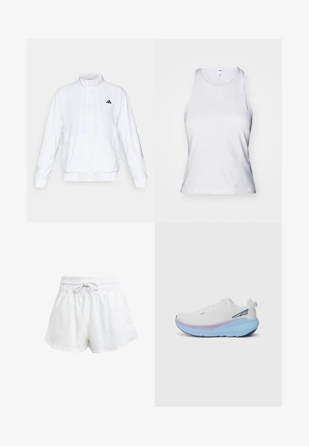 Veste de sport blanche avec un col montant, des manches longues et une fermeture éclair sur le devant. Présente un logo noir sur le côté supérieur gauche. Texture lisse.; Débardeur de sport blanc sans manches avec un col rond, texture lisse et logo tonal discret sur la poitrine. Ourlet droit à la taille.; Shorts de sport blancs avec une taille élastique et un cordon de serrage réglable. Fabriqués en matériau léger, ils sont dotés de poches latérales et d'une coupe ample.; Chaussure de course blanche avec un dessus texturé, dotée d'une semelle dégradée dans des nuances de bleu et de violet, et d'un petit logo accentué sur le côté.