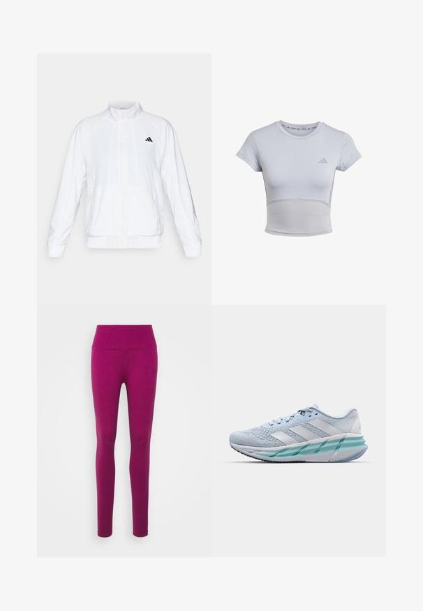 Giacca sportiva bianca con colletto alto, maniche lunghe e zip frontale. Presenta un logo nero nella parte superiore sinistra. Texture liscia.; adidas Performance T-Shirt sport - halo silver grey; Leggings aderenti di un vivace magenta, realizzati in un tessuto liscio e elastico. Presentano una vita alta e un design senza cuciture.; Scarpe da ginnastica azzurro chiaro con tomaia in maglia testurizzata, accenti bianchi e suola intermedia verde trasparente. Punta rotonda e colletto imbottito.