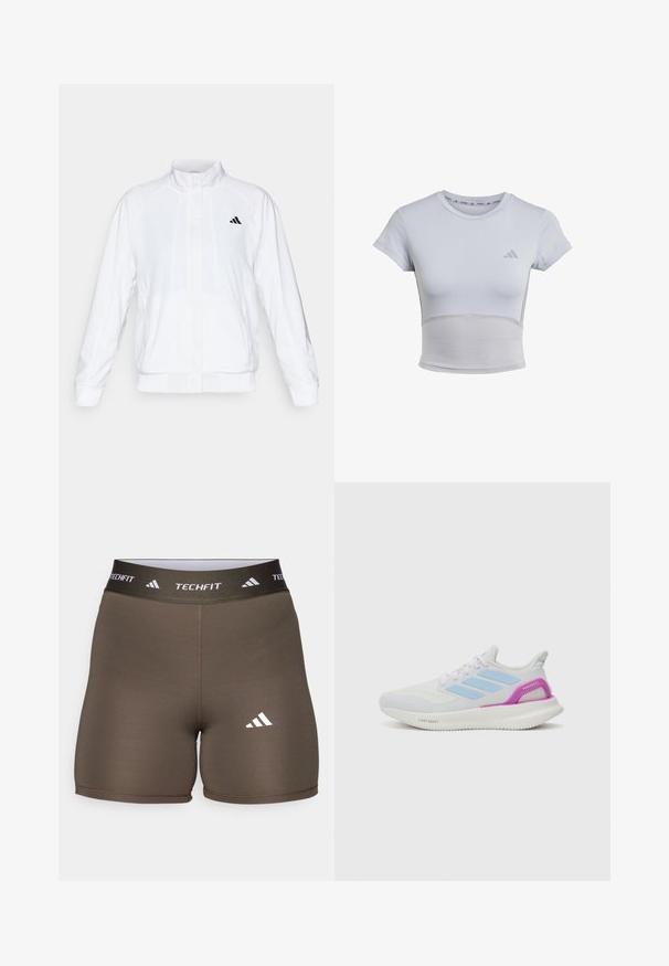White athletic jacket with a stand-up collar, long sleeves, and a zip front. Features a black logo on the upper left side. Smooth texture.; adidas Performance Sports T-shirt - halo silver grey; adidas Performance TECHFIT SHORT - Leggings - shadow olive; adidas Performance PUREBOOST 5 - Road running shoes - white/glow blue/purple burst