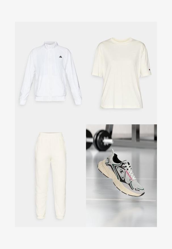 Bela atletska jakna s visokim ovratnikom, dolgimi rokavi in zadrgo spredaj. Ima črni logotip na zgornji levi strani. Gladka tekstura.; Kratka majica kremaste barve s kratkimi rokavi, izdelana iz mehke bombažne tkanine, ima okroglo izrez in majhen logotip na prsih ter rokavu.; Kremne hlače jogger iz mehkega blaga, z elastičnim pasom, stranskimi žepi in elastičnimi manšetami na gležnjih za oprijet fit.; Bela športna obutev z mrežastim zgornjim delom, črnimi in zelenimi detajli, rožnatimi poudarki, debelim smetanastim srednjim delom in teksturiranim črnim podplatom.