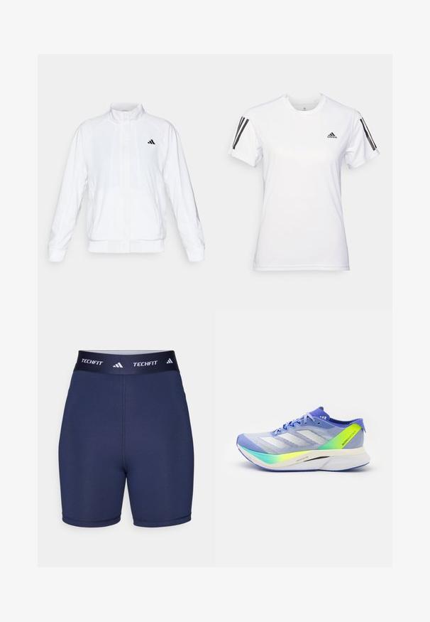 Witte sportieve jack met een opstaande kraag, lange mouwen en een rits aan de voorkant. Heeft een zwart logo op de bovenste linkerzijde. Glad textuur.; Witte sportieve t-shirt gemaakt van glad, lichtgewicht materiaal. Heeft zwarte drie-streep-accenten op de schouders en een klein zwart logo op de borst.; Marineblauwe sportshorts met een gladde textuur, elastische tailleband met "TECHFIT" en logo met drie strepen, nauwsluitend ontwerp, minimale naden.; adidas Performance ADIZERO BOSTON 12 - Hardloopschoenen voor op de weg - light blue