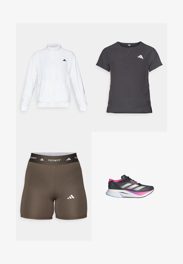 White athletic jacket with a stand-up collar, long sleeves, and a zip front. Features a black logo on the upper left side. Smooth texture.; Short-sleeve athletic t-shirt, dark gray with perforated texture. Features a white logo and contrasting side stripes. Rounded neckline.; adidas Performance TECHFIT SHORT - Leggings - shadow olive; Running shoe with a gray mesh upper, pink accents, and white stripes. Features a cushioned sole and a sleek, aerodynamic design.