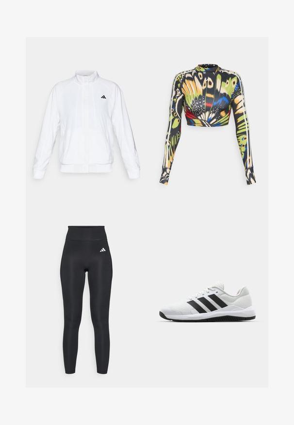 Casaco atlético branco com colarinho alto, mangas longas e fecho à frente com zip. Apresenta um logotipo preto no lado superior esquerdo. Textura suave.; Top cropped de manga longa com um padrão de borboletas multicoloridas em tons de preto, verde, amarelo e azul; apresenta riscas brancas laterais e um corte ajustado.; Leggings atléticos pretos de cintura alta feitos de material elástico, com uma textura suave e um pequeno logótipo branco perto da cintura.; Ténis atléticos brancos feitos de malha respirável com detalhes em três riscas pretas, um calcanhar texturizado e uma sola de borracha para aderência.