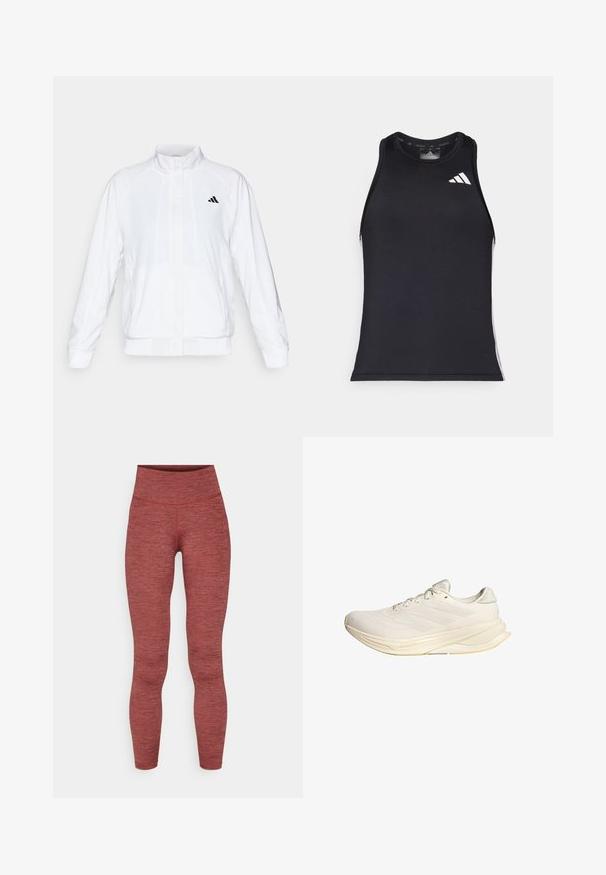 Giacca sportiva bianca con colletto alto, maniche lunghe e zip frontale. Presenta un logo nero nella parte superiore sinistra. Texture liscia.; Canotta atletica nera con un design aderente, realizzata in materiale sintetico liscio, con il logo Adidas bianco e accenti laterali.; Leggings a vita alta in tessuto testurizzato color bordeaux. Presentano un design senza cuciture con una silhouette aderente e senza hardware visibile.; Scarpa sportiva beige chiaro con tomaia in rete, lacci piatti e soletta ammortizzata. Presenta un design a tre strisce sul lato laterale.