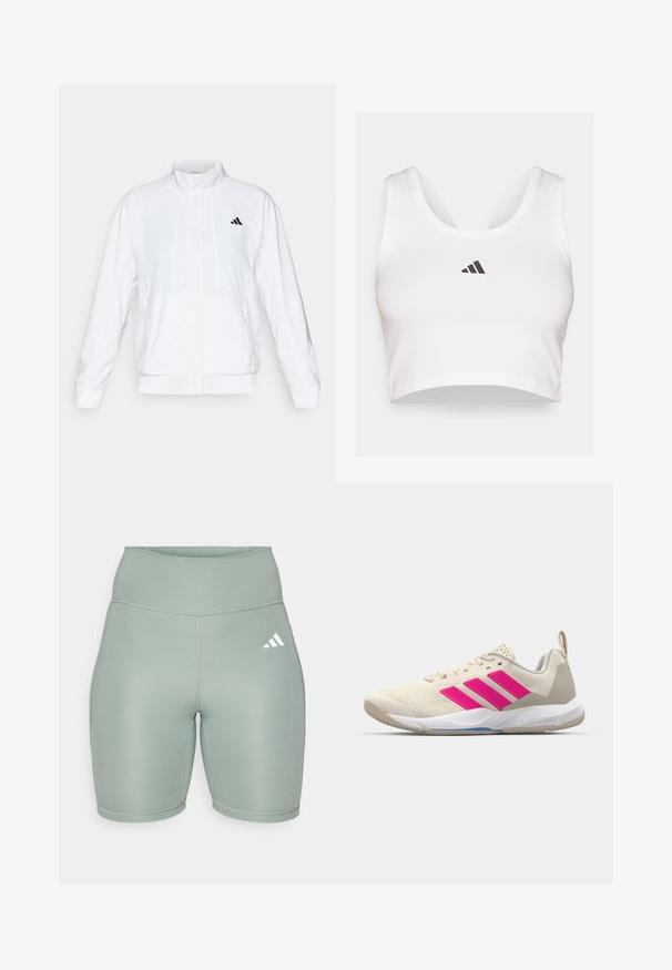 Fehér sportdzseki álló gallérral, hosszú ujjal és cipzáros elülső résszel. A bal felső oldalon fekete logó található. Simább textúrája van.; Fehér cropped top, amely puha anyagból készült, kerek nyakkivágással és fekete Adidas logóval az elején. Sima textúra, ujjatlan kivitel.; Világoszöld sportnadrág magas derékkal, elasztikus anyagból, lapos varrással és fehér logóval a bal oldalon.; Beige sportcipő rózsaszín háromsávos logóval, texturált hálós felső résszel, párnázott nyakkal és fehér gumitalppal, "LIGHTSTRIKE" márkajelzéssel.