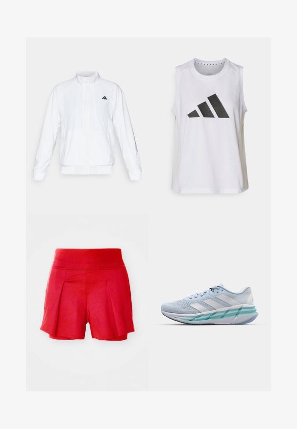 Weiße Sportjacke mit Stehkragen, langen Ärmeln und Reißverschluss vorne. Mit einem schwarzen Logo auf der oberen linken Seite. Glatte Textur.; Weißes ärmelloses Sportoberteil mit rundem Halsausschnitt, das auf der Vorderseite ein großes schwarzes Adidas-Logo aus drei Streifen aufweist.; Rote Shorts mit einem elastischen Bund, die an der Vorderseite Falten aufweisen und eine glatte Textur haben. Kurze Länge mit einem lässigen Schnitt.; Helle blaue Sportschuhe mit einem strukturierten Strickobermaterial, weißen Akzenten und einer transparenten grünen Zwischensohle. Abgerundete Zehenpartie und gepolsterter Schaft.