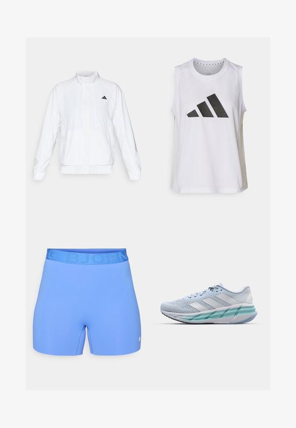 Bílá sportovní bunda se stojáčkem, dlouhými rukávy a zipem vpředu. Obsahuje černé logo na horní levé straně. Hladká textura.; Bílý sportovní top bez rukávů s kulatým výstřihem, na přední straně s velkým černým logem Adidas složeným ze tří pruhů.; Modré sportovní šortky z hladkého materiálu, s širokým pasem s vyvýšeným písmem a malým logem na boku.; Světlomodré sportovní boty s texturovaným pleteným svrškem, bílými akcenty a průhledným zeleným mezipodešví. Oválná špička a polstrovaný límec.