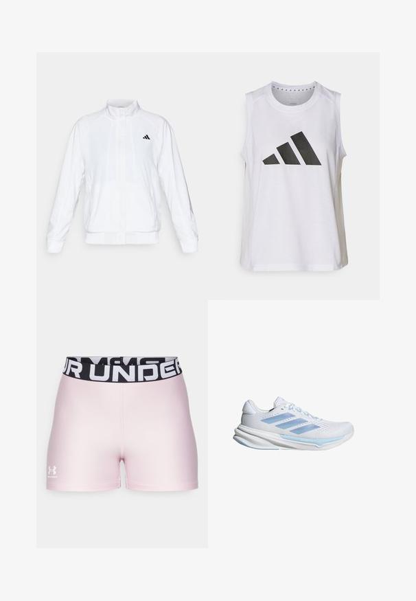 Valkoinen urheilujakku, jossa on pystysuora kaulus, pitkät hihat ja vetoketjukiinnitys. Vasemmassa ylälaidassa on musta logo. Silkkinen pinta.; Valkoinen hihaton urheilupaita, jossa on pyöreä kaula-aukko. Edessä on suuri musta Adidas-logo, joka koostuu kolmesta raidasta.; Vaaleanpunaiset urheilushortsit, jotka on valmistettu sileästä materiaalista. Vyötäröllä on musta elastinen vyö, jossa on valkoista "UNDER ARMOUR" -tekstiä. Logo vasemmassa alalaidassa.; Valkoiset juoksukengät, joissa on vaaleansiniset yksityiskohdat, hengittävä verkko-osa, kolmiraitainen muotoilu, pehmustettu pohja ja teksturoitu pito-ulkopohja.