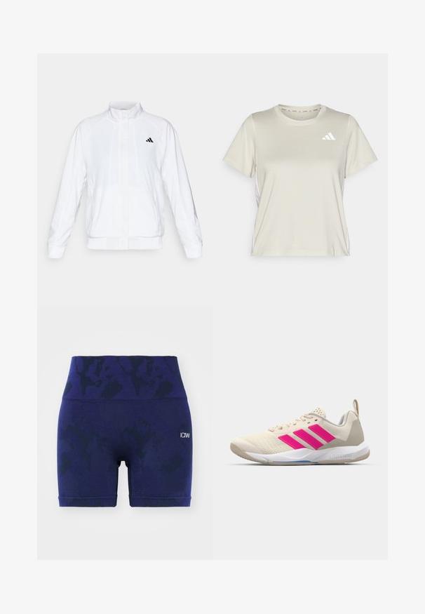 Bílá sportovní bunda se stojáčkem, dlouhými rukávy a zipem vpředu. Obsahuje černé logo na horní levé straně. Hladká textura.; adidas Performance TRAIN ESSENTIALS 3STRIPES WORKOUT - Sportovní tričko - alumina/white; Vysoké námořnické modré sportovní šortky s jemným vzorem, vyrobené z pružného materiálu, s logem na levé straně.; Béžová sportovní obuv s růžovým logem tří pruhů, texturovaným síťovaným svrškem, polstrovaným límcem a bílou gumovou podešví, s označením "LIGHTSTRIKE".