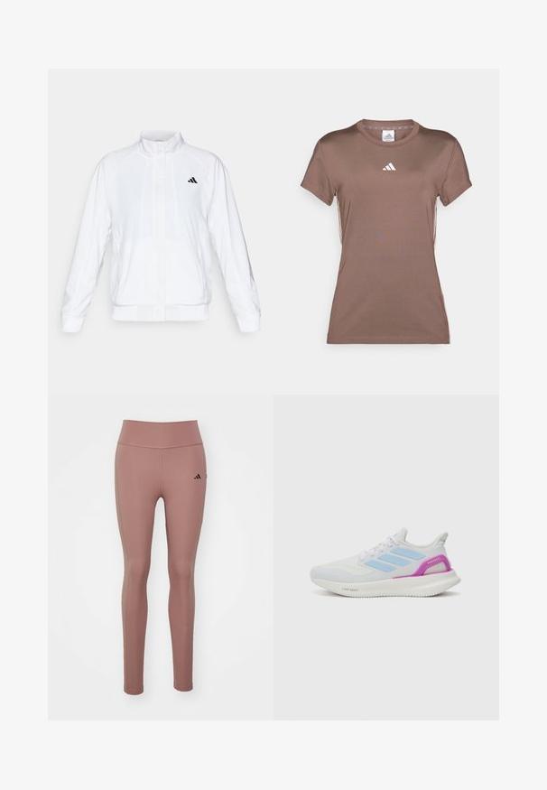 Valkoinen urheilujakku, jossa on pystysuora kaulus, pitkät hihat ja vetoketjukiinnitys. Vasemmassa ylälaidassa on musta logo. Silkkinen pinta.; adidas Performance Tekninen t-paita - earth strata/white; Vaaleanpunaiset urheiluhousut, jotka on valmistettu joustavasta kankaasta. Korkea vyötärö, sileä pinta ja pieni musta logo vasemmalla lantiolla.; adidas Performance PUREBOOST 5 - Katujuoksukengät - white/glow blue/purple burst