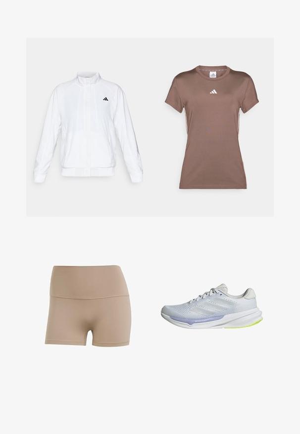 Valkoinen urheilujakku, jossa on pystysuora kaulus, pitkät hihat ja vetoketjukiinnitys. Vasemmassa ylälaidassa on musta logo. Silkkinen pinta.; adidas Performance Tekninen t-paita - earth strata/white; Shortsit valmistettu ihonvärisestä joustavasta kankaasta, joissa on korkea vyötärö, sileä pinta ja erottuva ommel. Suunniteltu mukavuutta ja joustavuutta varten.; Valkoinen urheilukenkä, jossa on hengittävä verkkomateriaali, teksturoidut yksityiskohdat ja laventelinvärinen korostus. Varustettu pehmustetulla pohjalla, jossa on vihreät ulkopohjaton yksityiskohdat.
