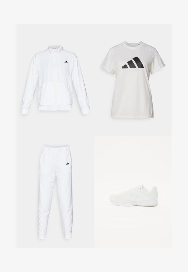 Chaqueta deportiva blanca con cuello alto, mangas largas y cierre de cremallera frontal. Presenta un logo negro en la parte superior izquierda. Textura suave.; Camiseta atlética blanca de tejido suave. Presenta mangas cortas y un gran logotipo negro de Adidas con tres rayas debajo.; Pantalones deportivos blancos con cintura y puños elásticos. Cuenta con bolsillos laterales y un pequeño logotipo negro en el muslo izquierdo. Acabado de tela suave.; Zapatilla deportiva blanca con parte superior de malla, diseño con cordones, punta redondeada y suela de goma texturizada con un branding mínimo.