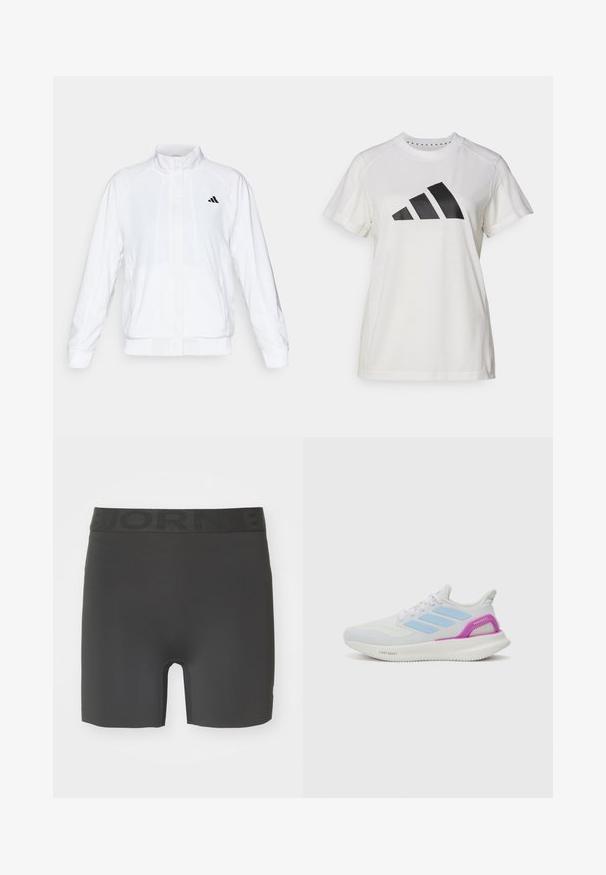 Chaqueta deportiva blanca con cuello alto, mangas largas y cierre de cremallera frontal. Presenta un logo negro en la parte superior izquierda. Textura suave.; Camiseta atlética blanca de tejido suave. Presenta mangas cortas y un gran logotipo negro de Adidas con tres rayas debajo.; Pantalones cortos deportivos negros hechos de un material elástico. Presentan una cinturilla elástica con letras en relieve y un diseño de largo hasta medio muslo.; adidas Performance PUREBOOST 5 - Zapatillas running asfalto - white/glow blue/purple burst