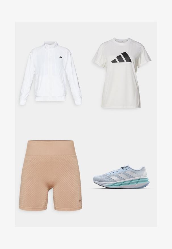 Chaqueta deportiva blanca con cuello alto, mangas largas y cierre de cremallera frontal. Presenta un logo negro en la parte superior izquierda. Textura suave.; Camiseta atlética blanca de tejido suave. Presenta mangas cortas y un gran logotipo negro de Adidas con tres rayas debajo.; Even&Odd active MID RISE SEAMLESS CYCLING SHORTS WITH RIBBED WAISTBAND
- Leggings - dark brown; Zapatillas deportivas azul claro con un upper de punto texturizado, acentos blancos y una suela intermedia verde transparente. Punta redondeada y cuello acolchado.